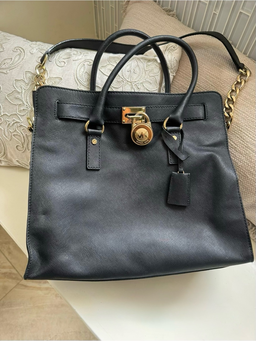 Michael Kors Black Leather Satchel with Gold-Tone Lock and Chain Strap